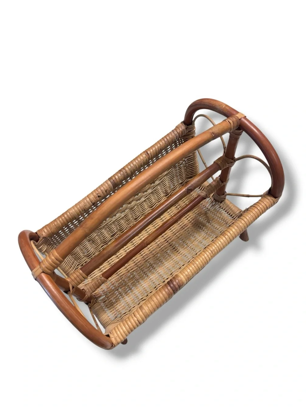 VINTAGE Bamboo Wicker Rattan Woven Magazine Holder Heart End Details